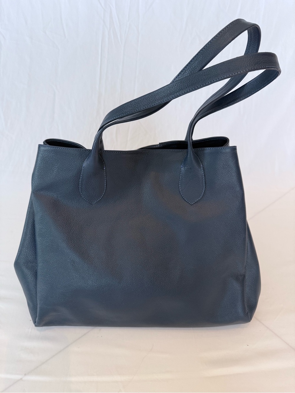Classic Navy Tote with White Center Stripe - Women's 100%  Leather Shoulder Bag - Picture 6 of 16